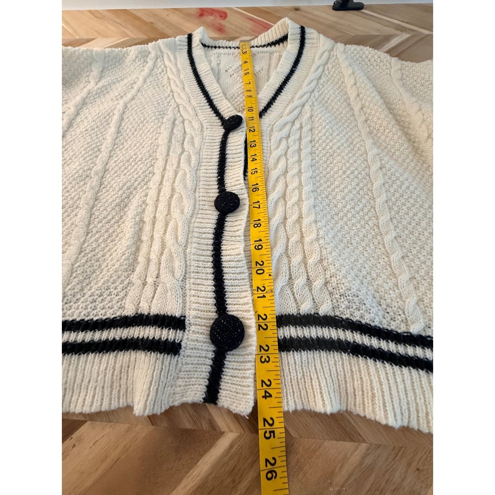 Cream/Black Fisherman Chunky Oversized Cable Knit Star Cardigan Sweater Women XS - Picture 7 of 7